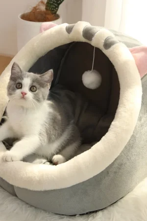 Lit pour chat en forme de grotte – Pliable, lavable et ultra-doux, parfait pour un sommeil profond des petits animaux